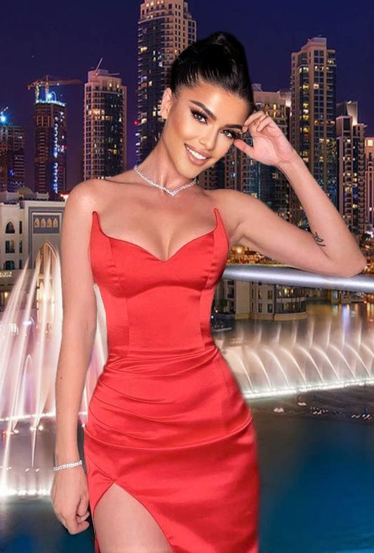 Red Mermaid Bridesmaid Dresses Satin Strapless Leg Split Evening Gowns Prom Dresses cg14908