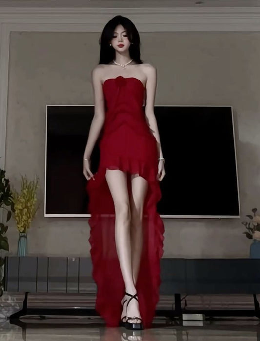 Burgundy Strapless High Low Prom Dresses, Formal Evening Dresses cg25210