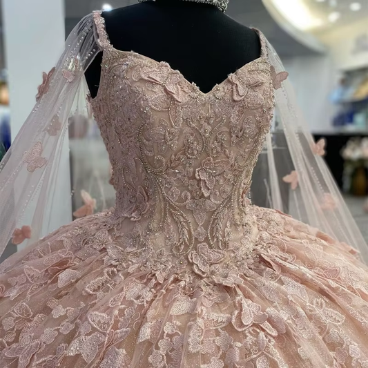 A Line Light Pink Tulle Prom Dress Puffy Quinceanera Dresses Ball Gown fg3965