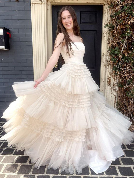 Champagne A-Line Strapless Ruffled Tiered Tulle Long Prom Dress