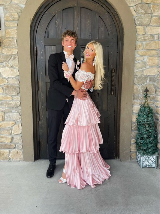 Vintage Pink Off The Shoulder Lace Satin Two Pieces Prom Dress SH1050