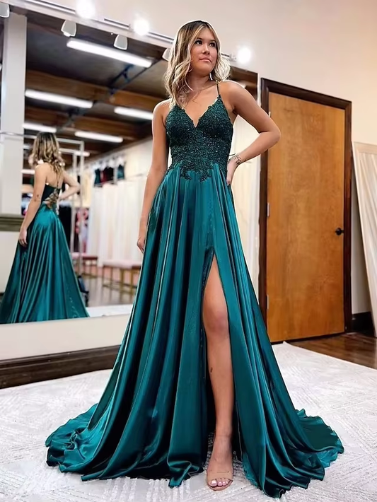 Elegant long a-line satin prom dresses v-neck split formal gown with lace appliques fg3390