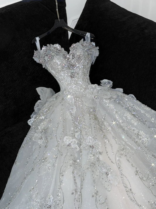 Gorgeous Shiny Beaded White Sweetheart Tulle Sequin Design Elegant A-Line Floor-length Wedding Dress TP4186