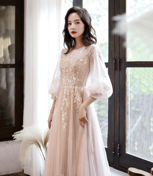 Pink Elegant Fashion A-line Lace Long sleeves Long Tulle Ball Gown Evening Gown Bridesmaid Dress 10468