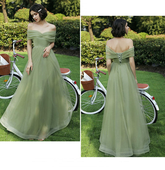 Green tulle long A line prom dress bridesmaid dress 10048