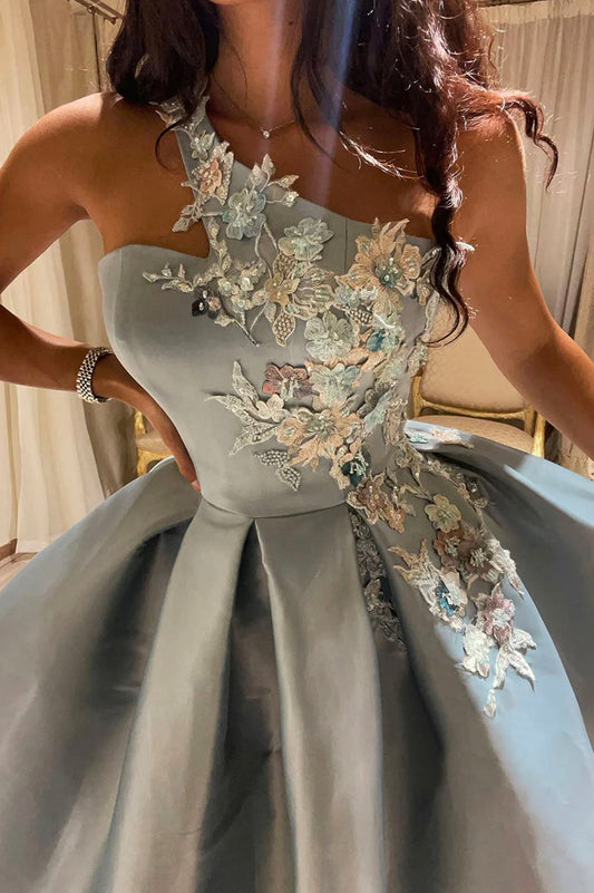 Cute One Shoulder Satin Lace Short Prom Dress,A-Line Party Dresses