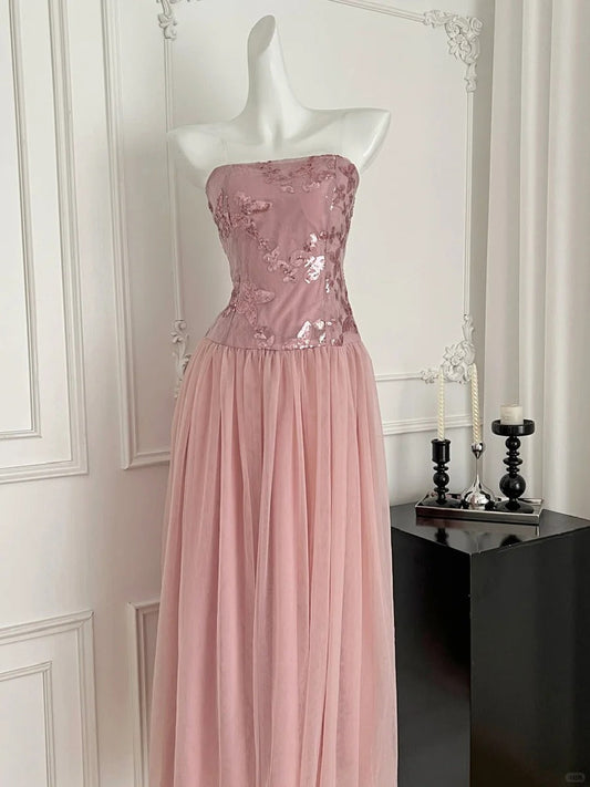 Elegant Pink A-line Tube Top Sequined Tulle Long Prom Dress Evening Dress Bridesmaid Dress P4010