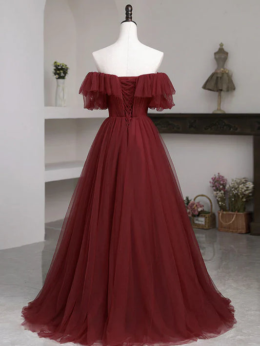 Simple Burgundy A line Long Prom Dresses, Burgundy Bridesmaid Dresses fg4360