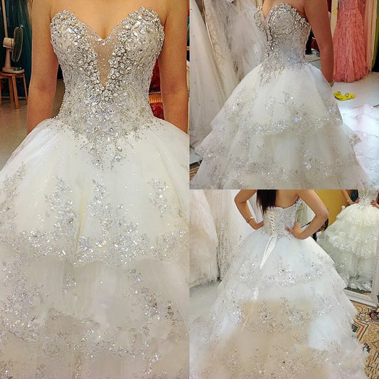 Luxury Ball Gown Fluffy Wedding Dresses Plus Size Tulle Lace Crystal Diamond Wedding Gowns fg4424