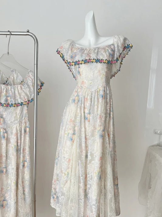 Vintage A-line Colorful Floral Lace Long Prom Dress Evening Dress Bridesmaid Dress P4015