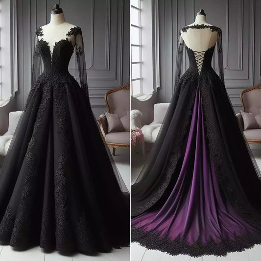 Gothic Black and Purple Wedding Dress Long Sleeve A-Line Bridal Gown Evening Dress cg25372