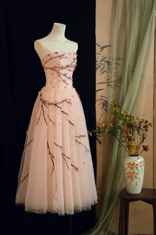 amakanas- Vintage Peach Pink Plum Blossom 3D Embroidered Strapless Tulle Chinese Style Evening Gown gh6034