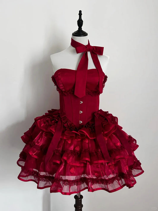 amakanas-Red Princess Lace Fashion Short Tulle Homecoming Dress Birthday Party Dress gh5415