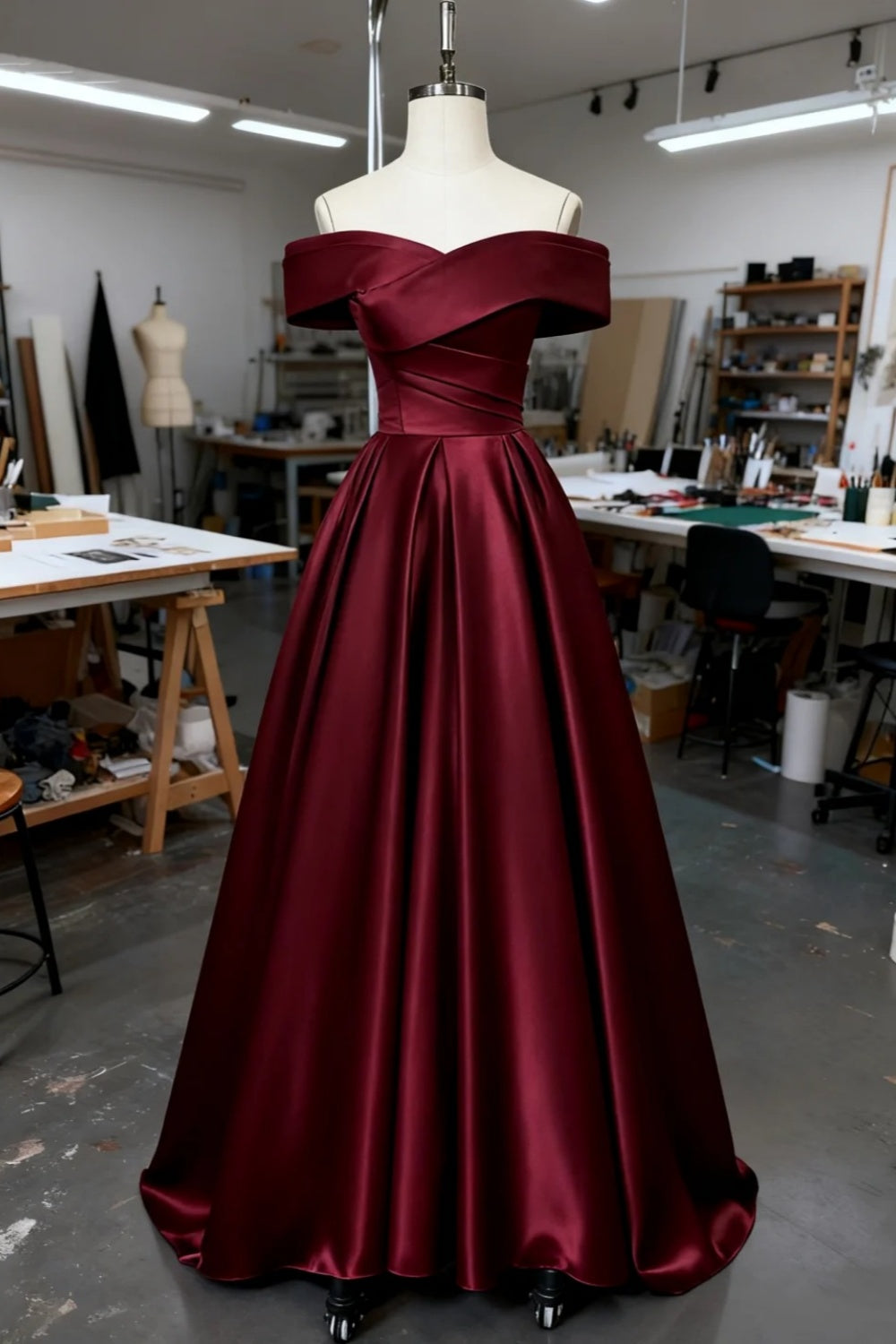amakanas-Burgundy off-shoulder satin long dress gh6161