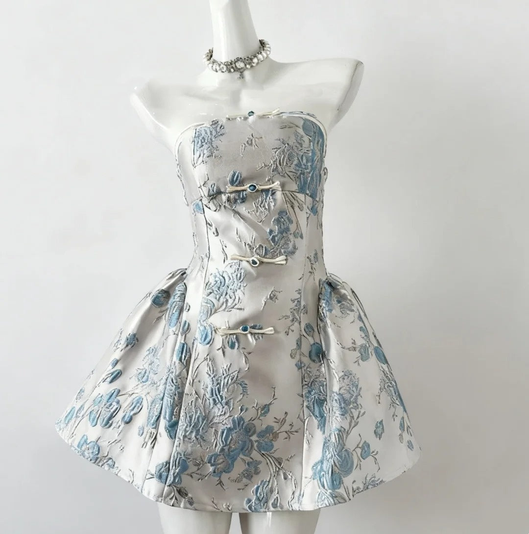 amakanas--Light Blue White Unique Fashion Niche Short Satin Formal Homecoming Dress Birthday Party Dress Banquet Dress gh5689