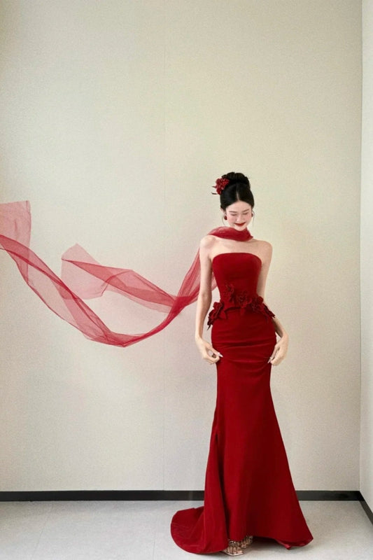 amakanas-Red Floral Bodycon Satin Floor-Length Ball Gown Prom Dressgh5960