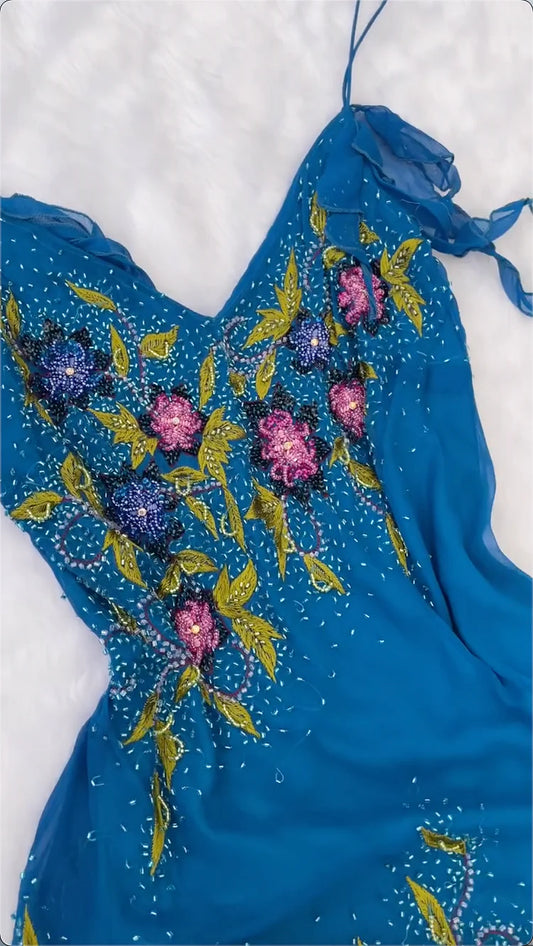 amakanas-Vintage Royal Blue Hand-Embroidered Floral Ruffled Hem Evening Gown gh6005