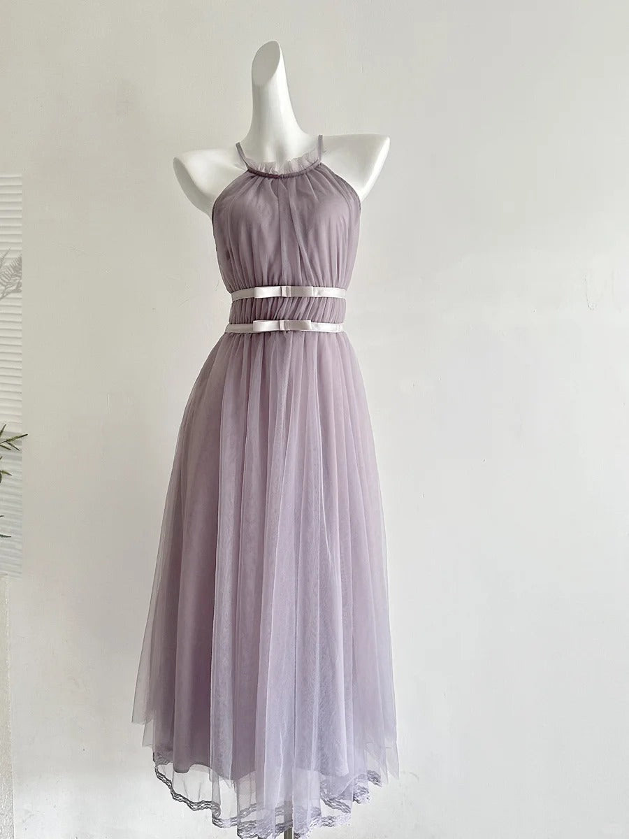 Elegant Pink A-line Halter Neck Waist Tulle Long Prom Dress Evening Dress Bridesmaid Dress P4002