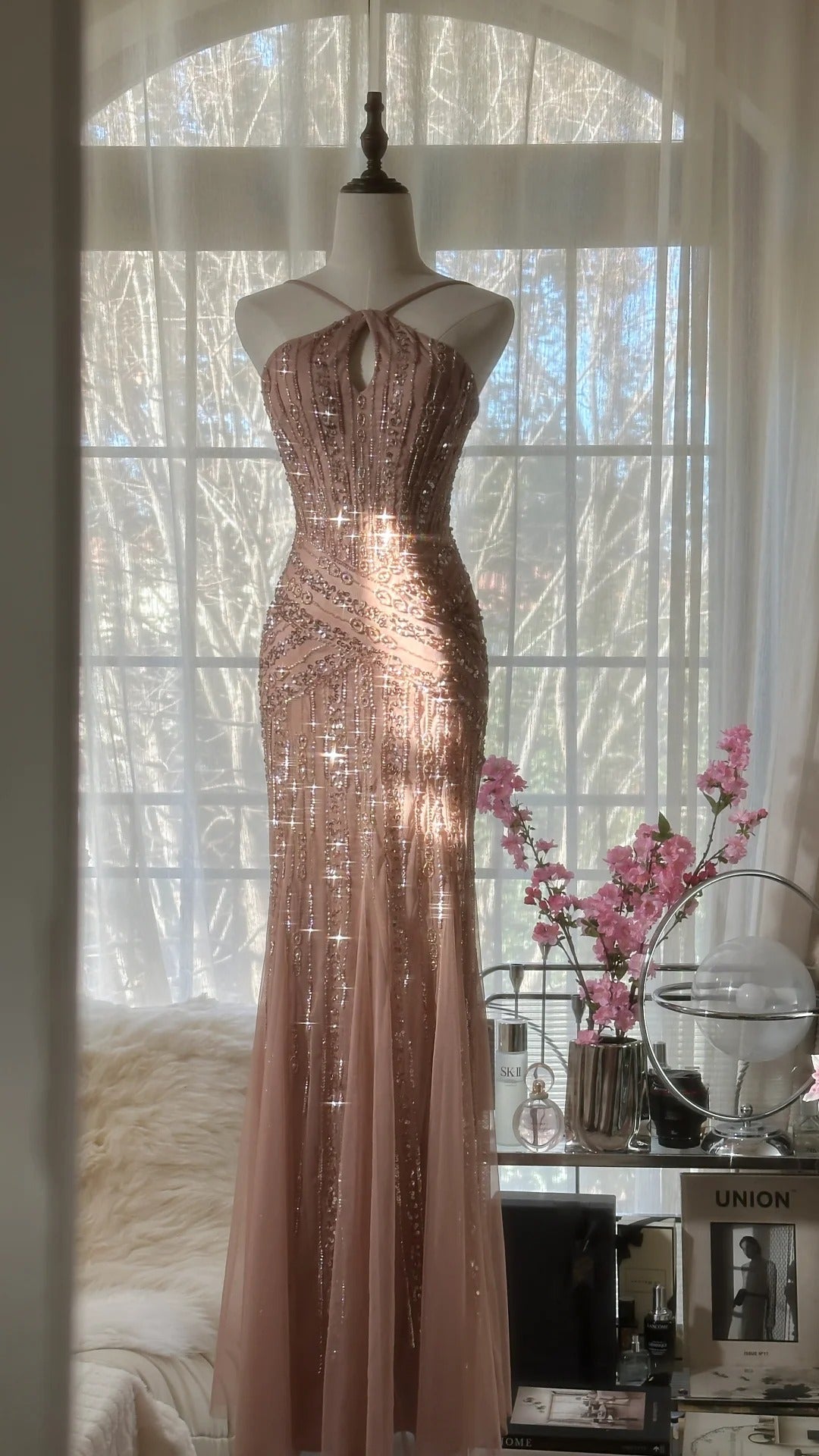 Rose pink luxury gorgeous elegant romantic exquisite beaded long chiffon ball gown evening dress party dress prom dress Valentine's Day date dress gh4047