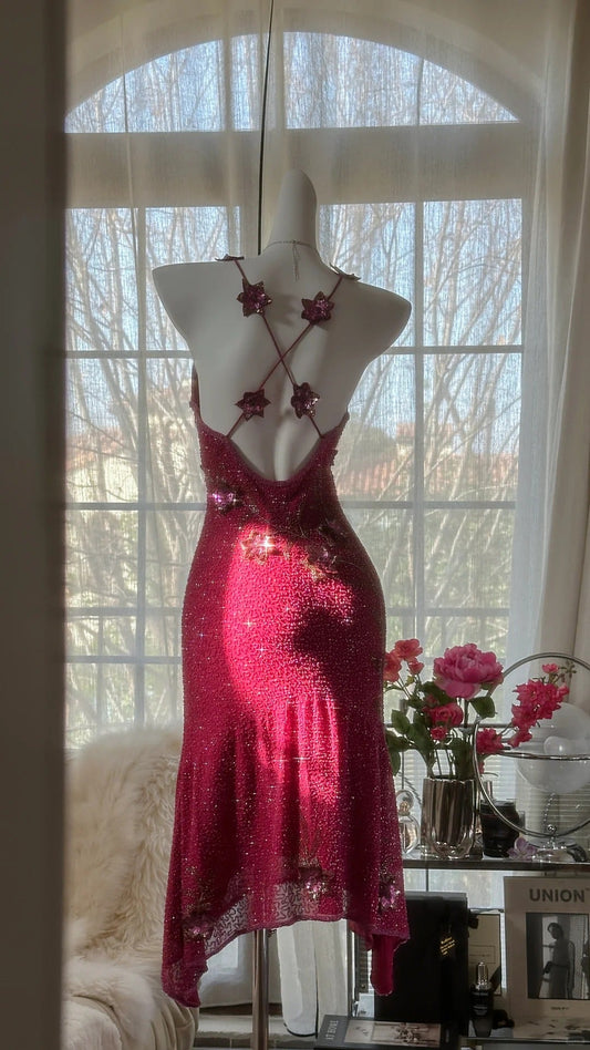 Pink Gorgeous Elegant Romantic Exquisite Beaded Sequin Midi/Short Chiffon Ball Gown Evening Dress Birthday/Wedding Guest Party Dress Prom Dress gh4019