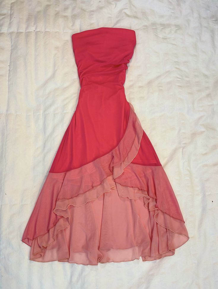 amakanas-Vintage Red-Pink Gradient Strapless Ruffled Midi Evening Dress gh6016