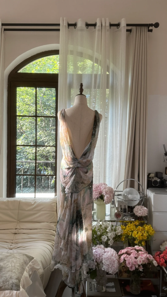 Vintage Sparkling Spaghetti Strap Backless Sweetheart Design Romantic Chiffon Evening Dress Prom Dress TP3993