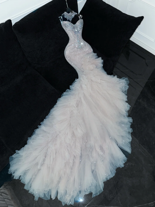 Shiny Beaded White Sweetheart Tulle Sequin Design Elegant Mermaid Floor-length Wedding Dress TP4190