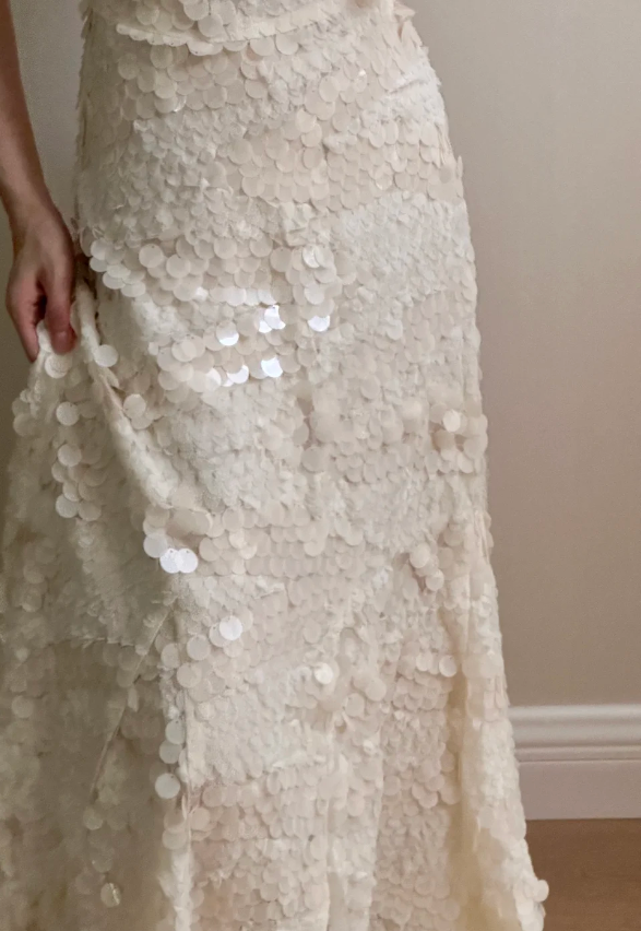 Chic Ivory Fitted Spaghetti Strap Sequined Long Prom Dress Evening Dress Bridesmaid Dress P4254