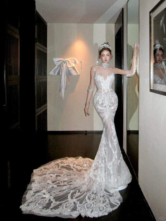 Elegant Glittering Beaded Sequined Applique Sweetheart Design Mermaid Wedding Dress Prom Dress Evening Dress TP4231