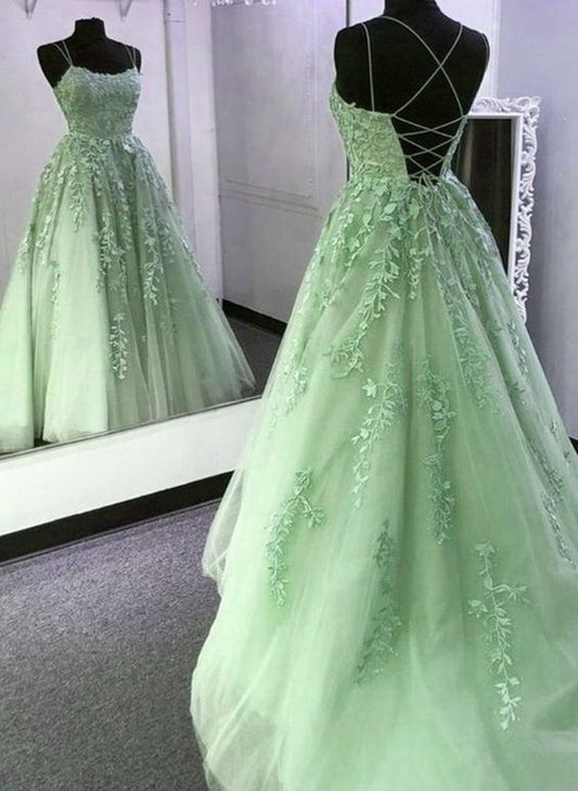 Light Green Prom Dresses Long A line Tulle Formal Evening Dress P1304