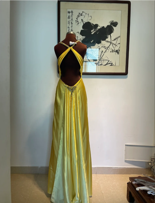 Vintage Yellow Fitted Halter Neck Satin Long Prom Dress Evening Dress Bridesmaid Dress P4266