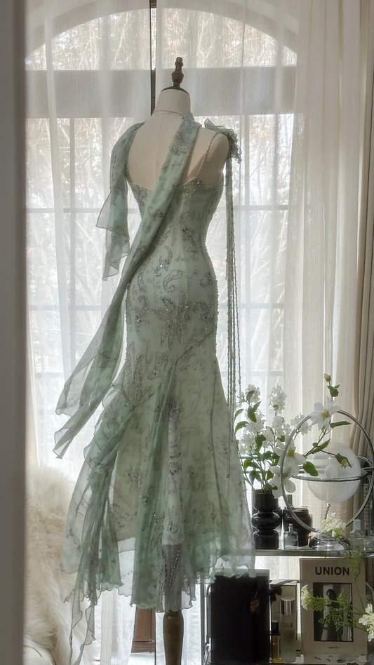 Elegant Light Green Sparkling Beaded Spaghetti Strap Romantic Chiffon Evening Dress Prom Dresses TP3980