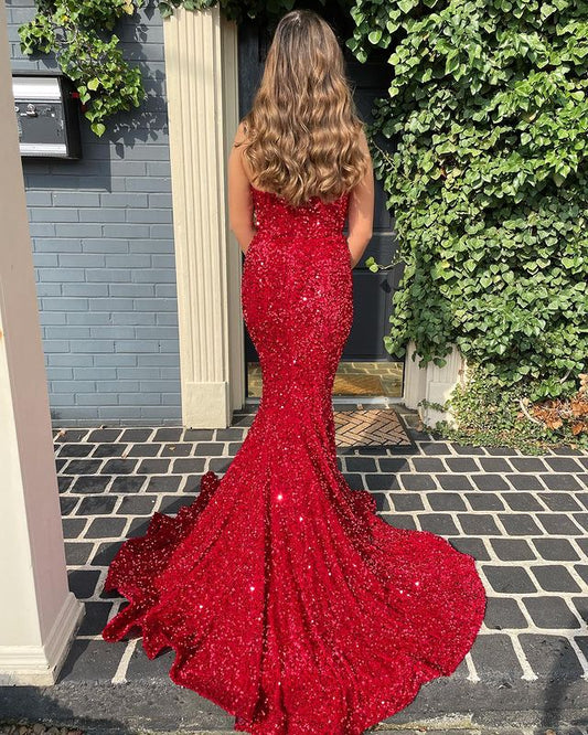Red sequin prom dress, long mermaid prom dresses fg3410
