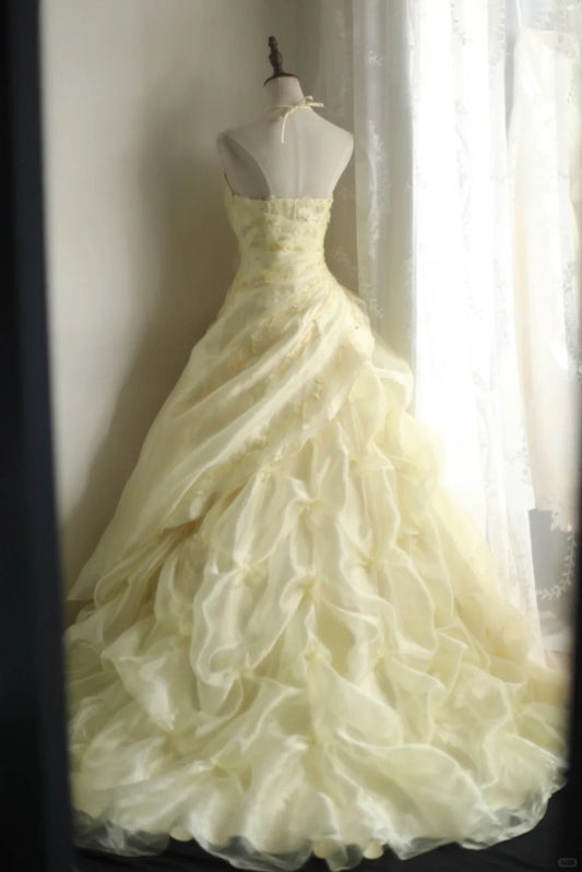 A Line Yellow Princess Dress Wedding Dress Sleeveless Long Evening Dress cg25931