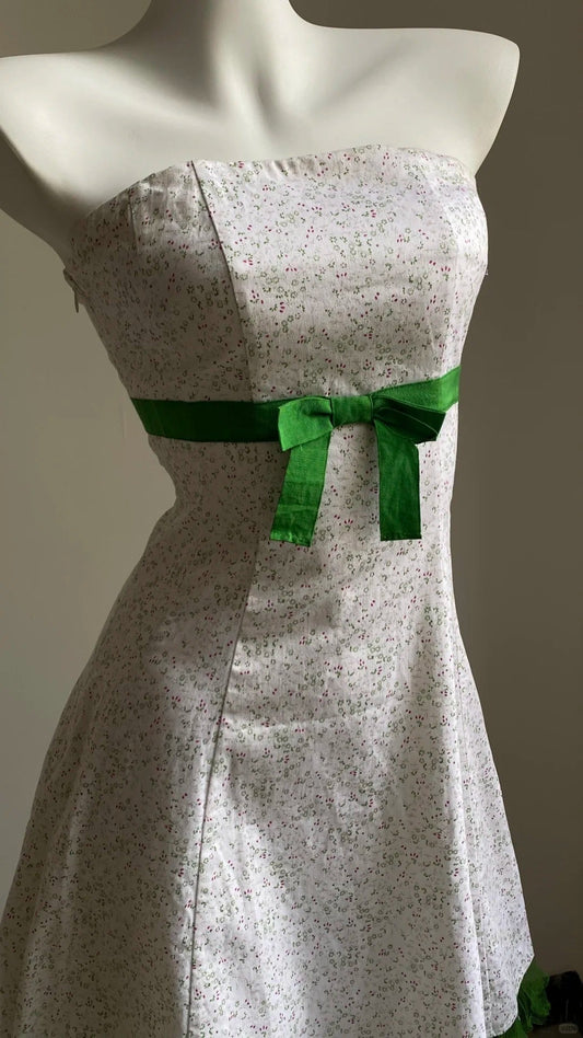 amakanas-White Floral Vintage Green Bow Short Satin Homecoming Dress Birthday Dress gh5361