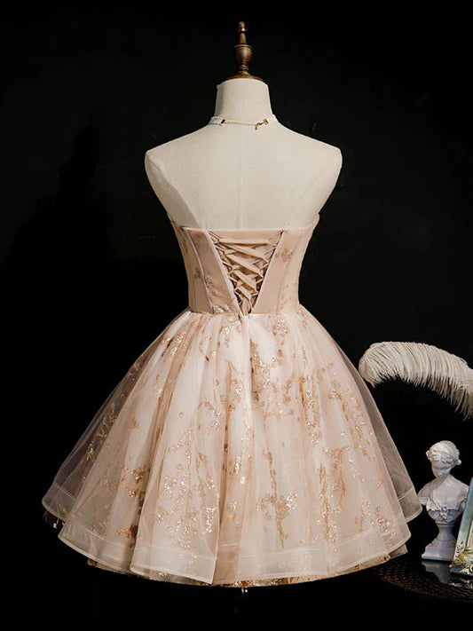 Strapless Champagne Beaded Tulle Short Prom Dress Homecoming Dress SH1698