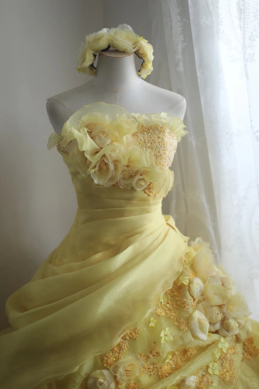 A Line Yellow 3D Flowers Wedding Dress Sleeveless Long Princess Evening Dress cg25936