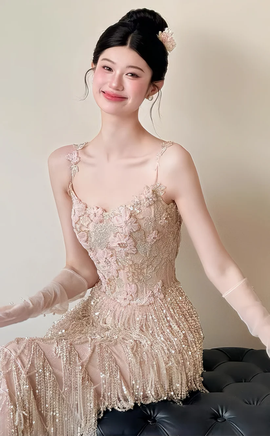 Sparkle Appliques Sheath Prom Dresses Tassel Night Dance Dress cg26085