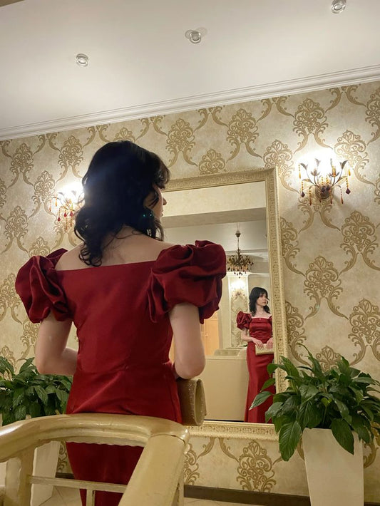 Burgundy Off Shoulder Prom Dress Long Satin Evening Party Dresses