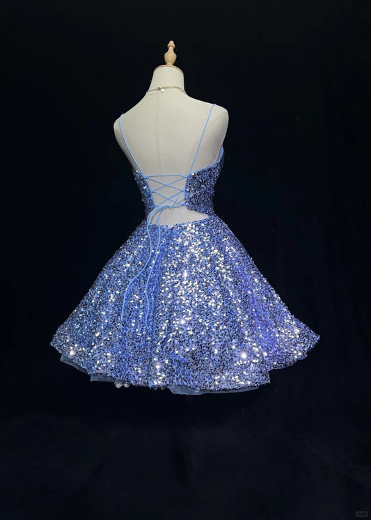 Blue Shiny Princess Sequin Short Fashion Homecoming Dress Prom Dress Evening Dress Elsa's Ice Party gh4367