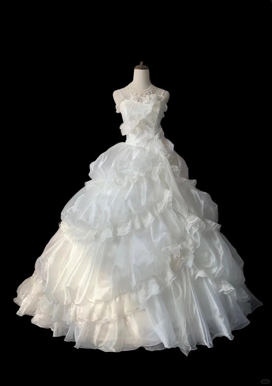 A Line Lace White Wedding Dress Sleeveless Long Princess Evening Dress cg25935