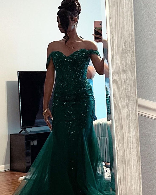 Emerald Green Tulle Mermaid Off Shoulder Prom Dress Long Evening Party Gowns cg25850