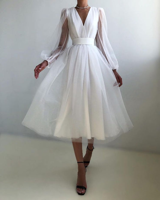 Graduation dress Short A Line Prom Dresses V Neck Long Puff Sleeve Tulle Formal Wedding Evening Party Dresses For Graduation fg2856