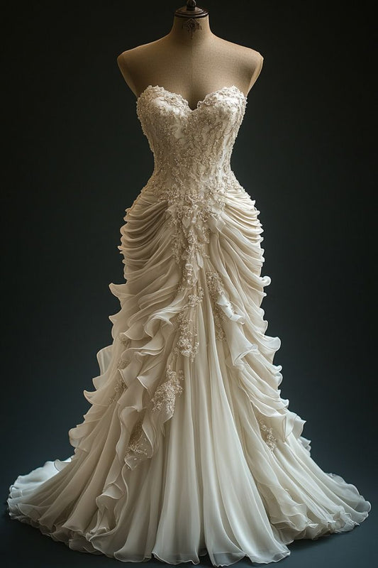 Elegant Strapless A-Line Layers Vintage Wedding Dress Long Evening Gowns cg25396