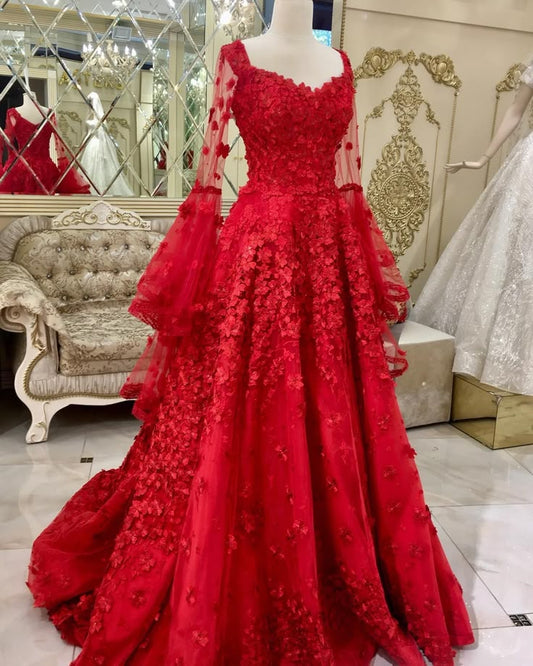 Red Long Lace Tulle Prom Dresses, Long Wedding Dresses fg2667