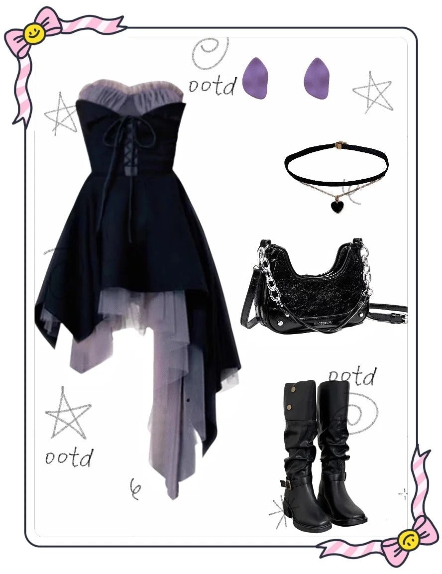 amakanas--Black purple tulle satin elegant short cool girl homecoming dress fashion gh5734