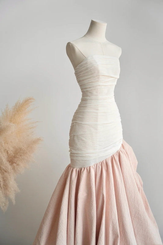 amakanas- Vintage Pink-White Contrast Ruched Strapless Mermaid Long Evening Gown gh6091