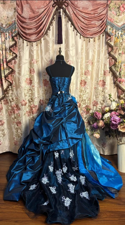 amakanas-Vintage Deep Sea Blue 3D Floral Embroidered Long Train Court Style Evening Gown gh6032