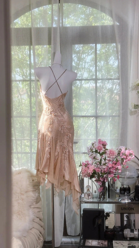 Light pink floral beaded short elegant chiffon homecoming dress prom dress evening dress birthday party dress date dress gh4683