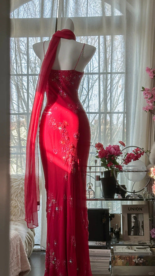 Red Romantic Gorgeous Fashion Elegant Exquisite Beaded Long Chiffon Ball Gown Evening Dress Birthday/Wedding Guest/Vacation Party Dress Prom Dress Valentine's Day Date Dress gh4027